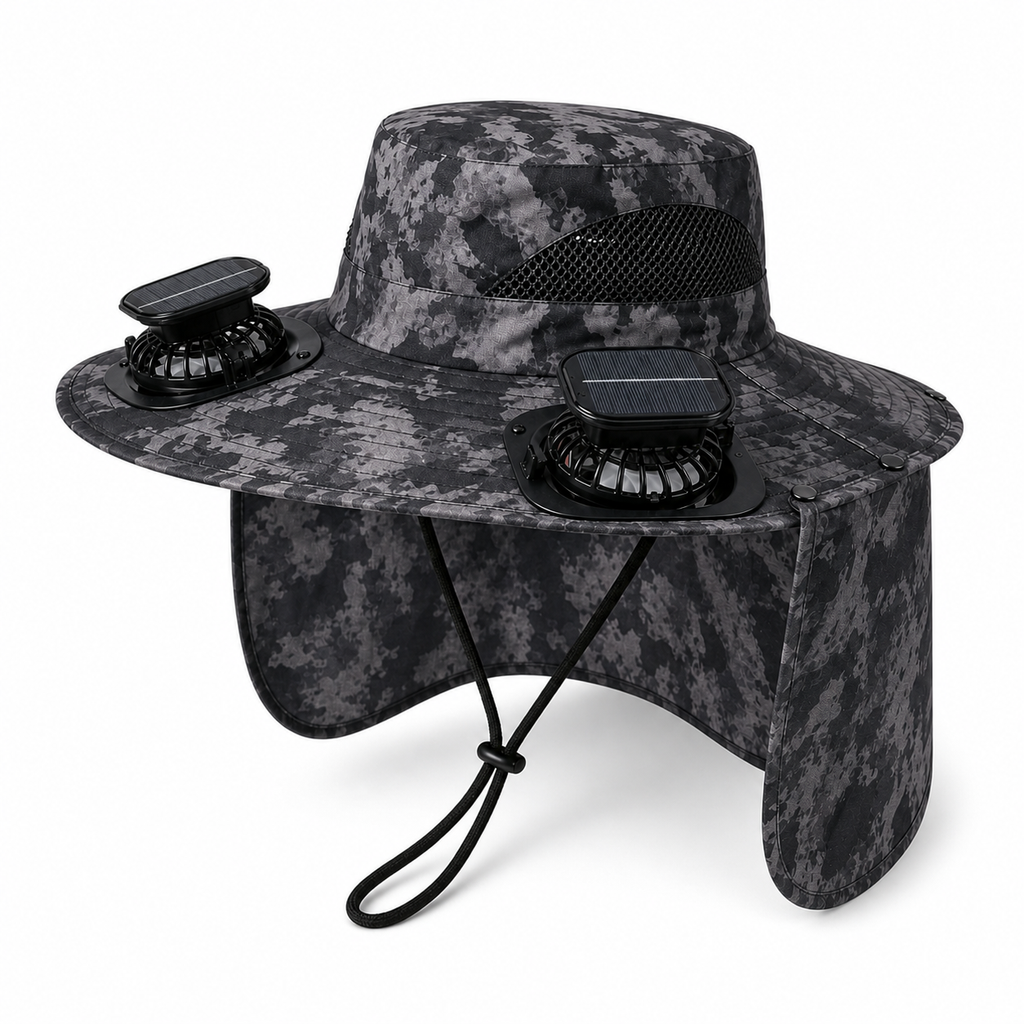 Black camouflage solar powered cooling fan hat product image 1