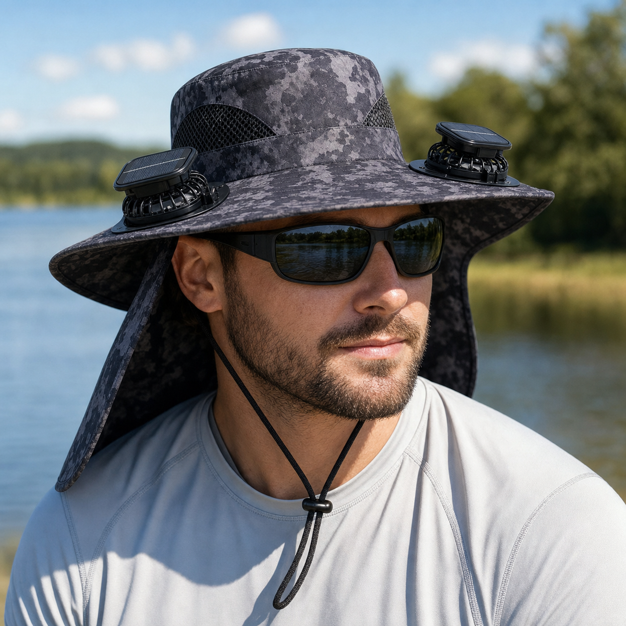 Black camouflage solar powered cooling fan hat product image 2