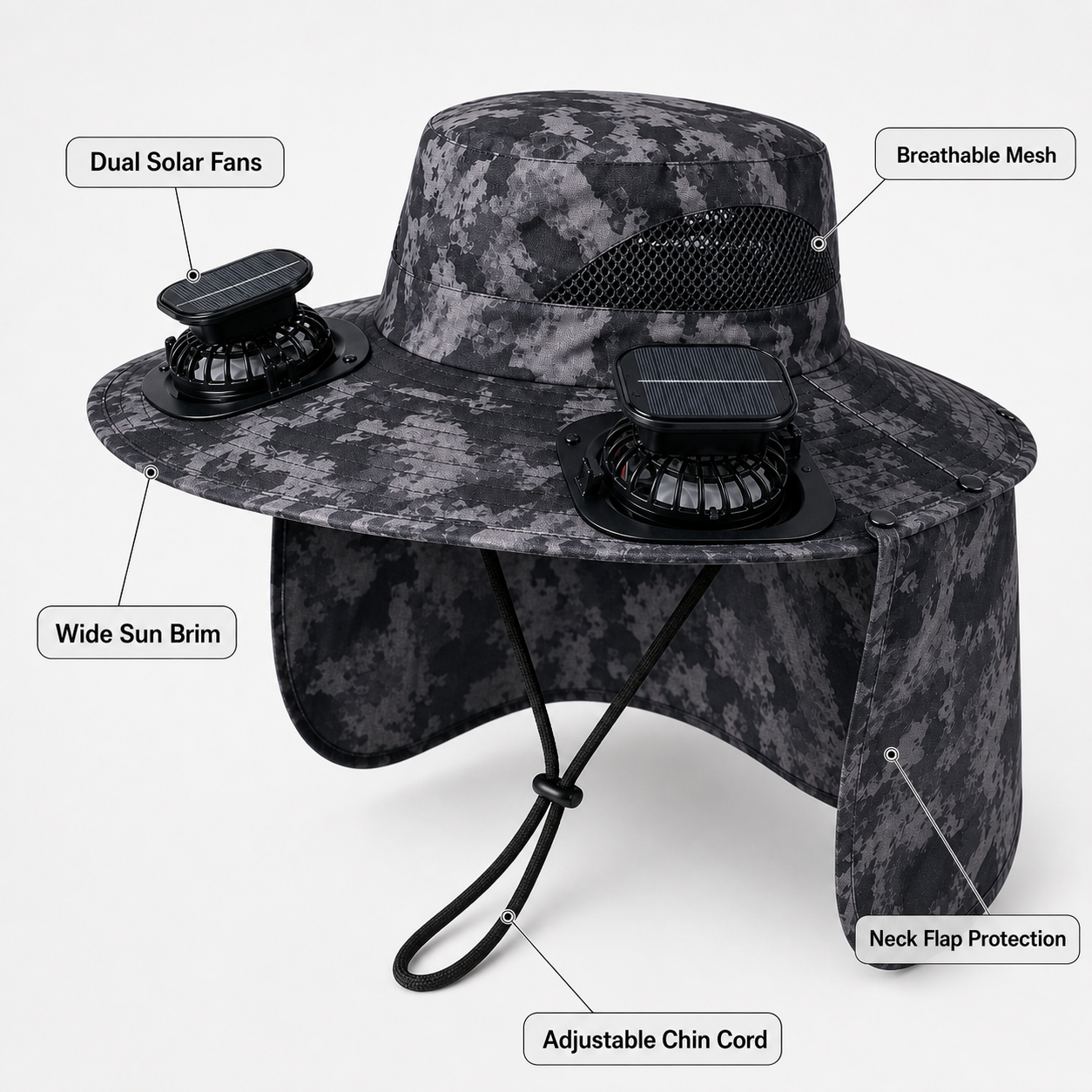 Black camouflage solar powered cooling fan hat product image 3