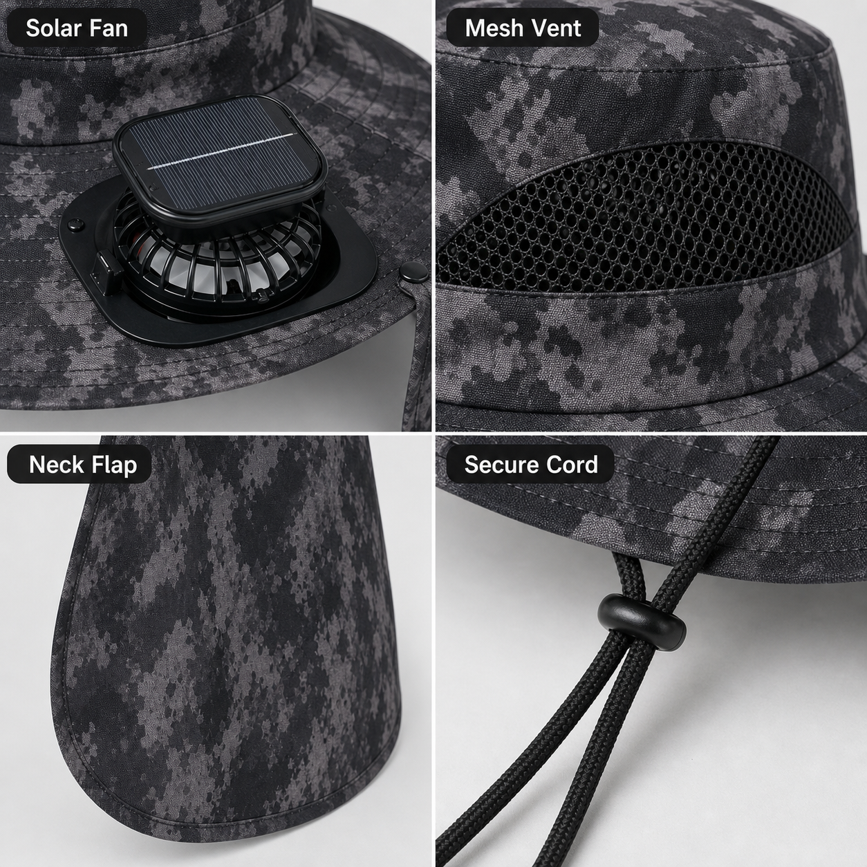 Black camouflage solar powered cooling fan hat product image 4