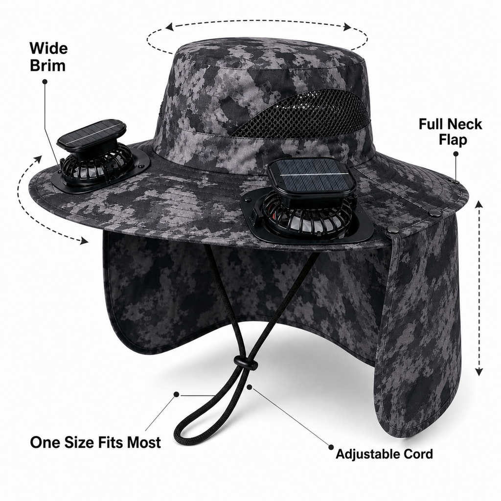 Black camouflage solar powered cooling fan hat product image 6
