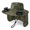Camouflage green solar powered cooling fan hat with wide brim and neck flap