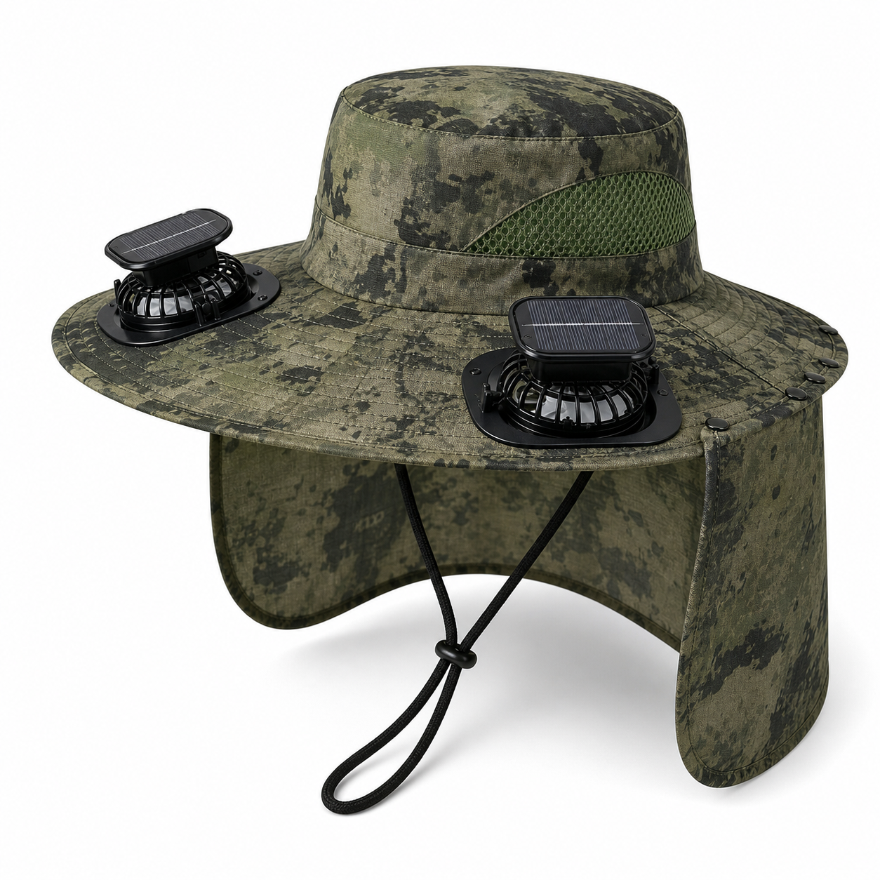 Camouflage green solar powered cooling fan hat with wide brim and neck flap