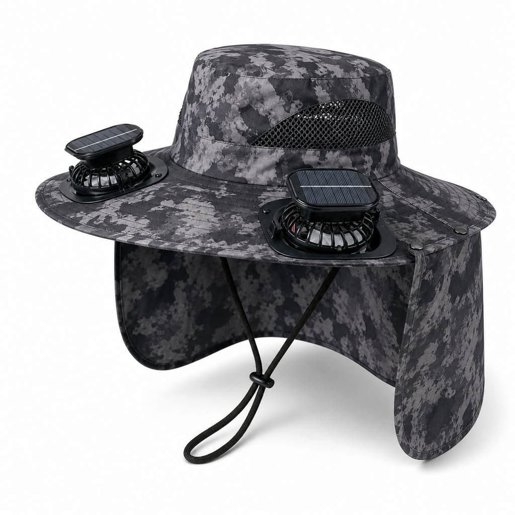 Black camouflage solar powered cooling fan hat with wide brim and neck flap